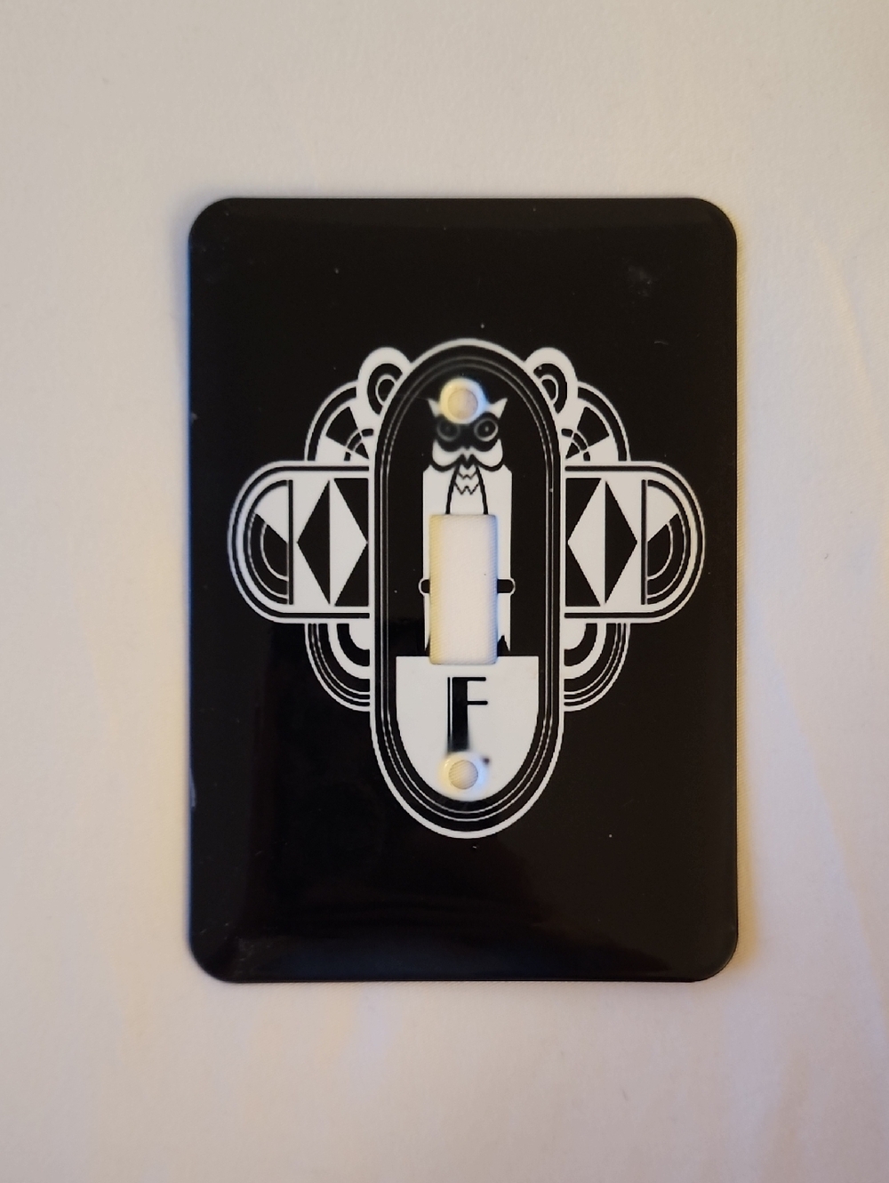 Art Deco Black & White Single Toggle Owl Metal Switch Plate - F Monogram
